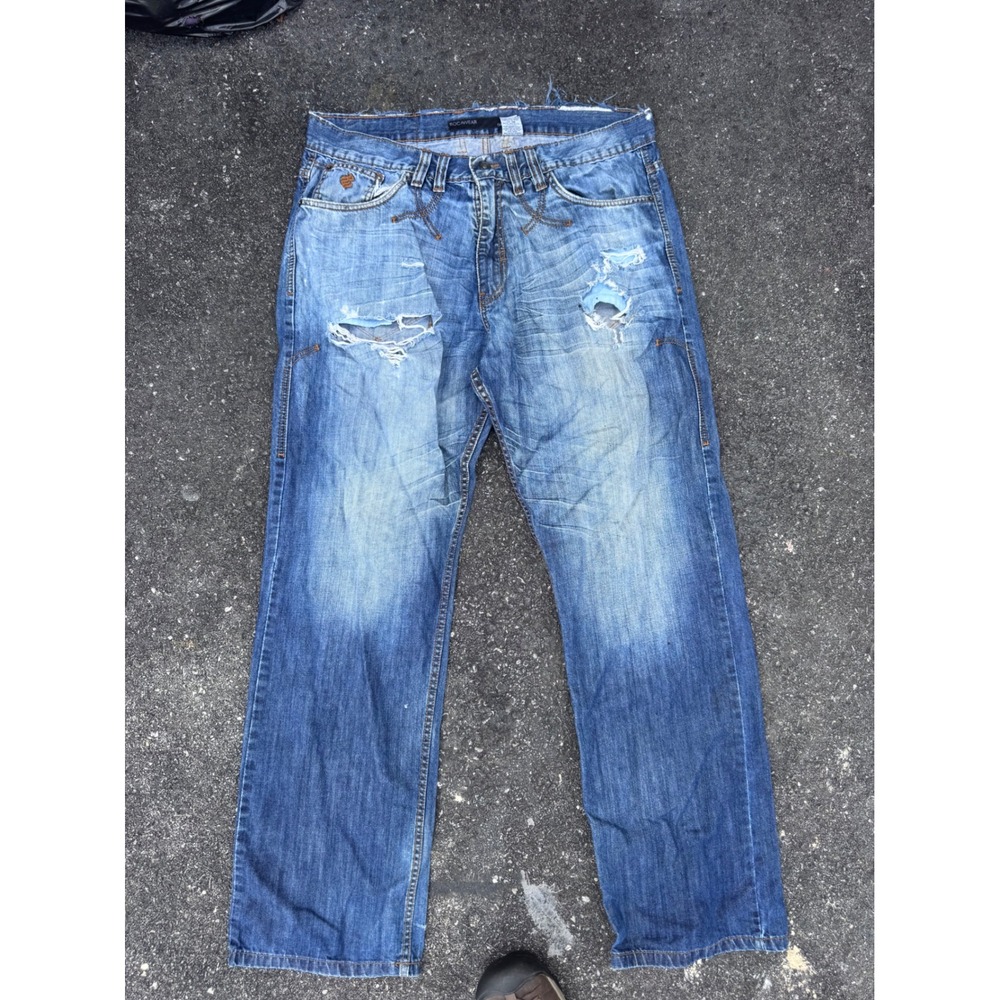 Rocawear Original Fit Baggy Jeans Mens 38 Blue Distressed Embroidered Y2K HipHop
